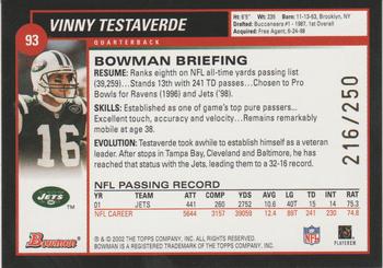 2002 Bowman - Silver #93 Vinny Testaverde Back