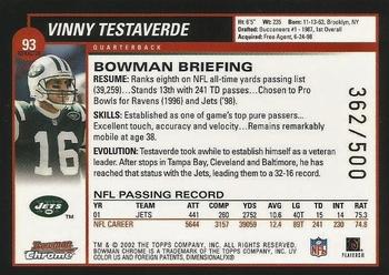 2002 Bowman Chrome - Refractors #93 Vinny Testaverde Back