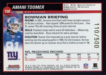 2002 Bowman Chrome - Refractors #108 Amani Toomer Back