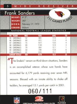 2002 Donruss - Stat Line Career #5 Frank Sanders Back
