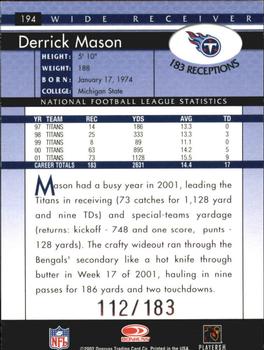 2002 Donruss - Stat Line Career #194 Derrick Mason Back