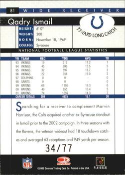 2002 Donruss - Stat Line Season #81 Qadry Ismail Back