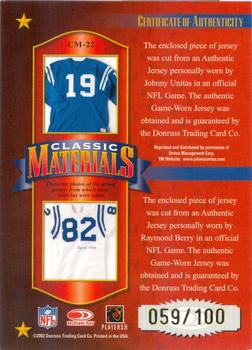 2002 Donruss Classics - Classic Materials #CM-22 Johnny Unitas / Raymond Berry Back