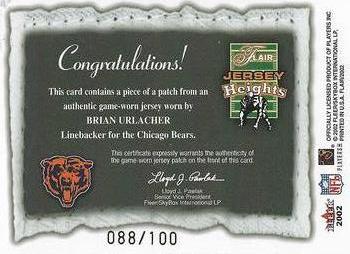 2002 Flair - Jersey Heights Jerseys Hot Numbers #NNO Brian Urlacher Back