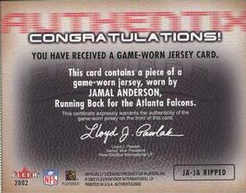 2002 Fleer Authentix - Jersey Authentix Ripped #JA-JA Jamal Anderson Back