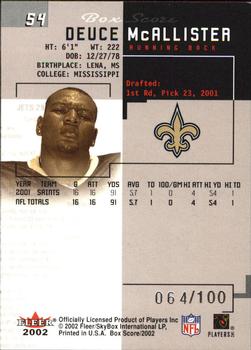 2002 Fleer Box Score - First Edition #54 Deuce McAllister Back