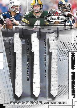 2002 Fleer Box Score - Jersey Rack Triples #NNO Tom Brady / Brett Favre / Kurt Warner Front