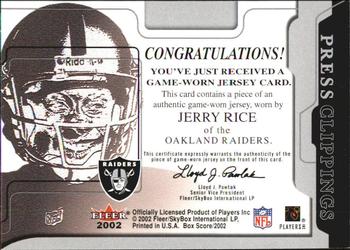 2002 Fleer Box Score - Press Clippings Jerseys #NNO Jerry Rice Back