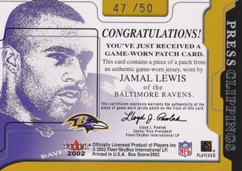 2002 Fleer Box Score - Press Clippings Jerseys Patches #NNO Jamal Lewis Back