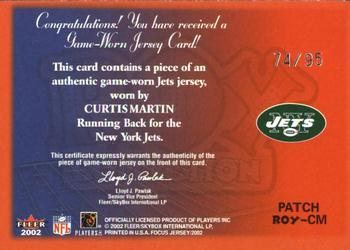 2002 Fleer Focus Jersey Edition - ROY Collection Jersey Patch #ROY-CM Curtis Martin Back