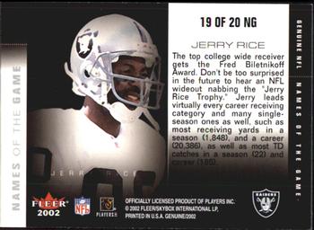 2002 Fleer Genuine - Names of the Game #19 NG Jerry Rice Back