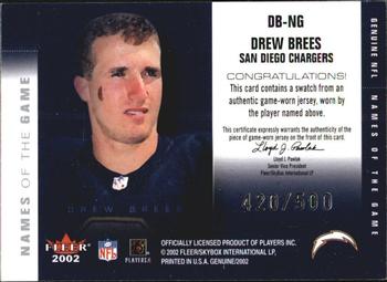 2002 Fleer Genuine - Names of the Game Jerseys #DB-NG Drew Brees Back