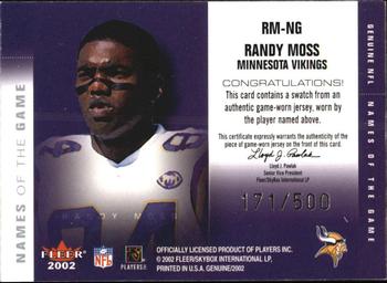 2002 Fleer Genuine - Names of the Game Jerseys #RM-NG Randy Moss Back