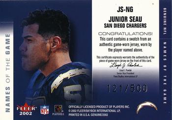 2002 Fleer Genuine - Names of the Game Jerseys #JS-NG Junior Seau Back