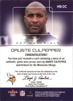2002 Fleer Hot Prospects - Hot Materials #HM-DC Daunte Culpepper Back