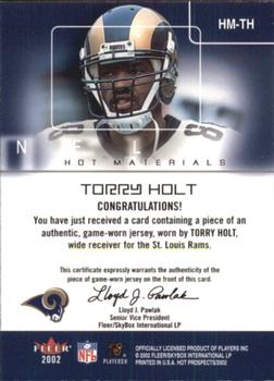 2002 Fleer Hot Prospects - Hot Materials #HM-TH Torry Holt Back