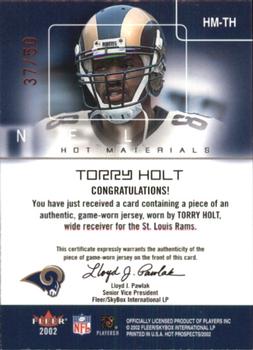2002 Fleer Hot Prospects - Red Hot Materials #HM-TH Torry Holt Back