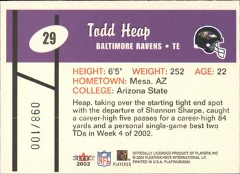2002 Fleer Platinum - Finish #29 Todd Heap Back