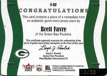 2002 Fleer Platinum - Nameplates #N-BF Brett Favre Back