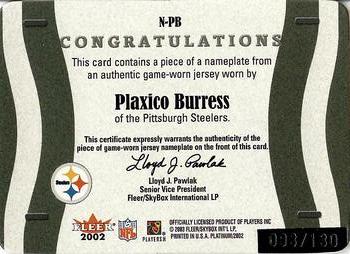 2002 Fleer Platinum - Nameplates #N-PB Plaxico Burress Back