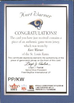 2002 Fleer Platinum - Portraits Memorabilia #PP/KW Kurt Warner Back