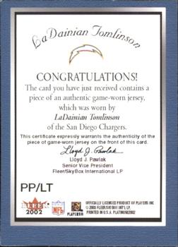 2002 Fleer Platinum - Portraits Memorabilia #PP/LT LaDainian Tomlinson Back