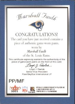 2002 Fleer Platinum - Portraits Memorabilia #PP/MF Marshall Faulk Back