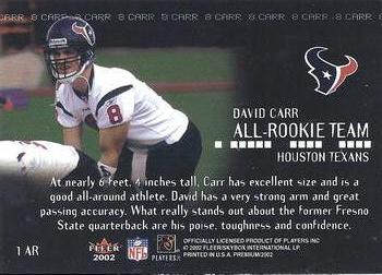 2002 Fleer Premium - All-Rookie Team #1 AR David Carr Back