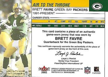 2002 Fleer Showcase - Air to the Throne Jerseys #NNO Brett Favre Back