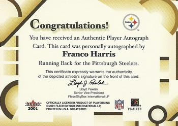 2002 Fleer Throwbacks - Greats of the Game Autographs #NNO Franco Harris Back