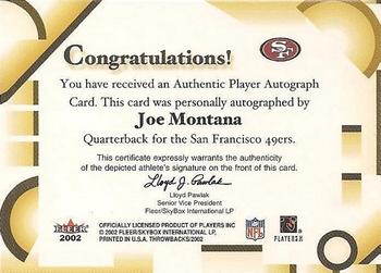 2002 Fleer Throwbacks - Greats of the Game Autographs #NNO Joe Montana Back