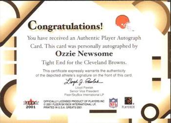 2002 Fleer Throwbacks - Greats of the Game Autographs #NNO Ozzie Newsome Back