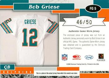 2002 Leaf Certified - Fabric of the Game Team Logos #FG 5 Bob Griese Back