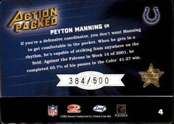 2002 Leaf Rookies & Stars - Action Packed Silver #4 Peyton Manning Back