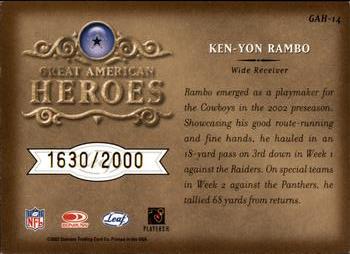 2002 Leaf Rookies & Stars - Great American Heroes #GAH-14 Ken-Yon Rambo Back