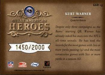 2002 Leaf Rookies & Stars - Great American Heroes #GAH-15 Kurt Warner Back