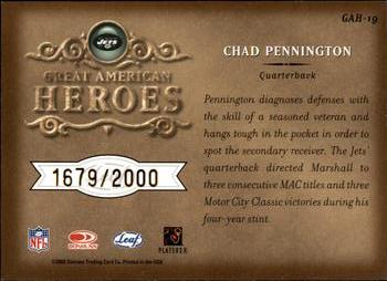 2002 Leaf Rookies & Stars - Great American Heroes #GAH-19 Chad Pennington Back