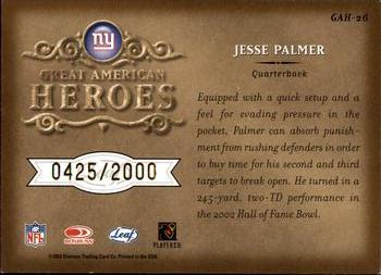 2002 Leaf Rookies & Stars - Great American Heroes #GAH-26 Jesse Palmer Back