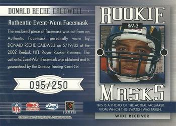 2002 Leaf Rookies & Stars - Rookie Masks #RM-3 Reche Caldwell Back