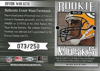 2002 Leaf Rookies & Stars - Rookie Masks #RM-28 Javon Walker Back
