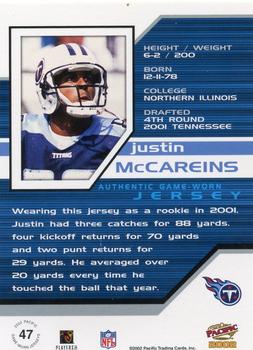 2002 Pacific - Game Worn Jerseys #47 Justin McCareins Back
