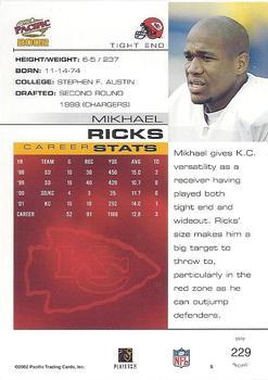 2002 Pacific - Premiere Date #229 Mikhael Ricks Back