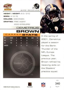 2002 Pacific - Premiere Date #340 Demetrius Brown Back