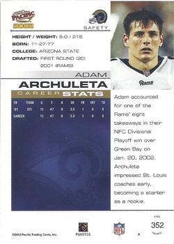 2002 Pacific - Premiere Date #352 Adam Archuleta Back
