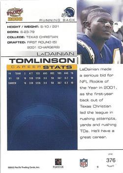 2002 Pacific - Premiere Date #376 LaDainian Tomlinson Back