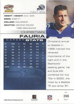 2002 Pacific - Premiere Date #398 Christian Fauria Back