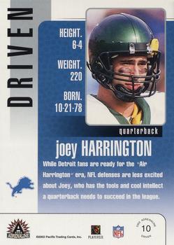2002 Pacific Adrenaline - Driven #10 Joey Harrington Back
