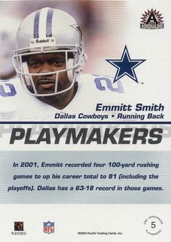 2002 Pacific Adrenaline - Playmakers #5 Emmitt Smith Back