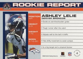 2002 Pacific Adrenaline - Rookie Report #4 Ashley Lelie Back