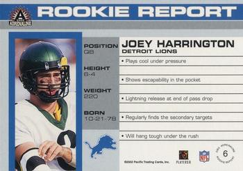 2002 Pacific Adrenaline - Rookie Report #6 Joey Harrington Back